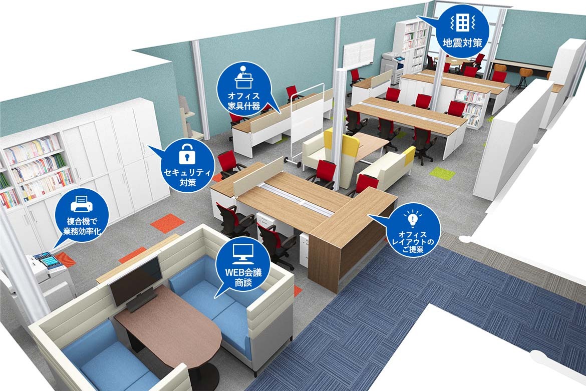 画像：地震対策　オフィスレイアウトのご提案　オフィス家具什器　セキュリティ対策　WEB会議商談　複合機で業務効率化